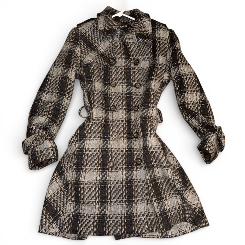 DKNY Black and Gray Wool Blend Plaid Pea Coat